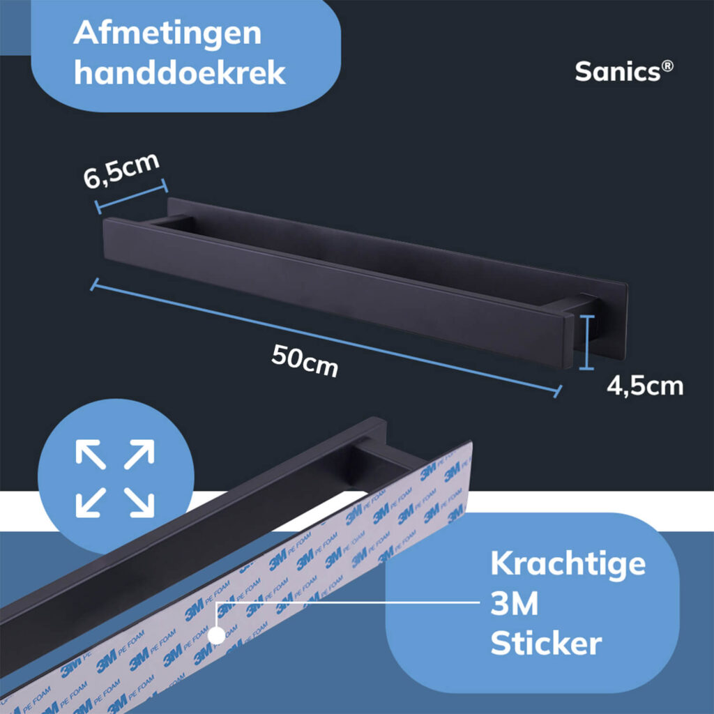 Zelfklevende zwarte handdoekhouder - 2 stuks 30 cm zonder Zelfklevende zwarte handdoekhouder - 2 stuks 30 cm zonder
