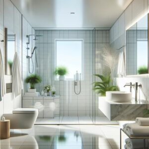 Georganiseerde douche met hangend roestvrijstalen rek, wanddispenser en antislipmat