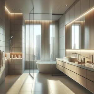 Moderne wastafel met matzwart zeeppompje, RVS kraan, verlichte spiegel en compacte opbergbakjes