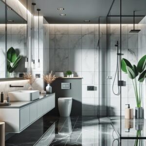 Mat zwart twee-armig handdoekrek zonder boren gemonteerd op betegelde badkamerwand met opgevouwen handdoeken