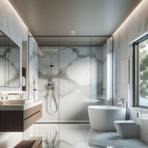 Smalle verticale mat zwart handdoekrek met meerdere stangen gemonteerd naast douche in kleine moderne badkamer