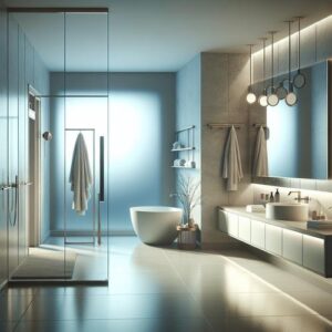 Wandgemonteerde compacte toiletset in RVS met geïntegreerde wc-rolhouder en toiletborstel in een klein modern toilet