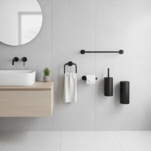 Moderne mat zwarte badkameraccessoires set bestaande uit toiletrolhouder, zeepdispenser, handdoekhaak en toiletborstelhouder in strakke design