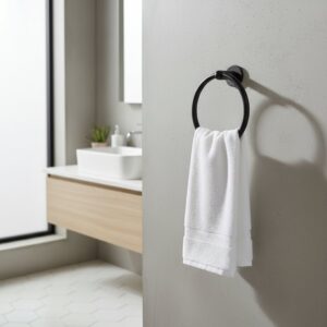 Close-up van een mat zwarte handdoekring gemonteerd naast een wastafel in een moderne badkamer