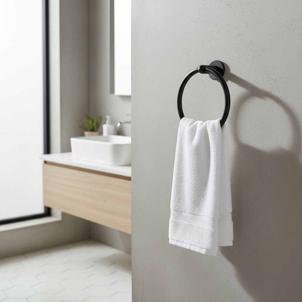 Close-up van een mat zwarte handdoekring gemonteerd naast een wastafel in een moderne badkamer