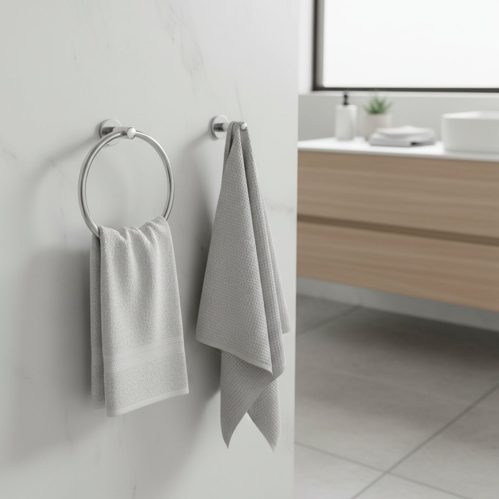 Vergelijking van een ronde handdoekring en een open handdoekhaak in roestvrij staal tegen een witte badkamerwand