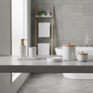 Volledige badkameraccessoires set met toiletrolhouder, handdoekhaak, zeepdispenser en doucherek in mat zwart