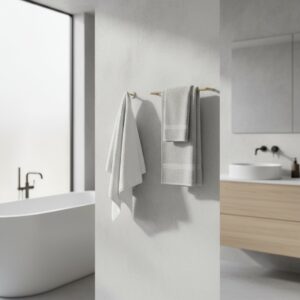Vergelijking van een compacte handdoekhaak en een handdoekrek met meerdere armen in een moderne badkamer