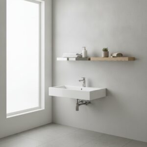 Vergelijking van een moderne RVS badkamerplank en een warme houten badkamerplank in een vochtige badkameraomgeving