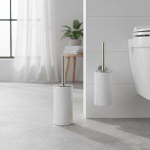 Vergelijking van een vrijstaande toiletborstelhouder naast het toilet en een wandgemonteerde borstelhouder aan de wand