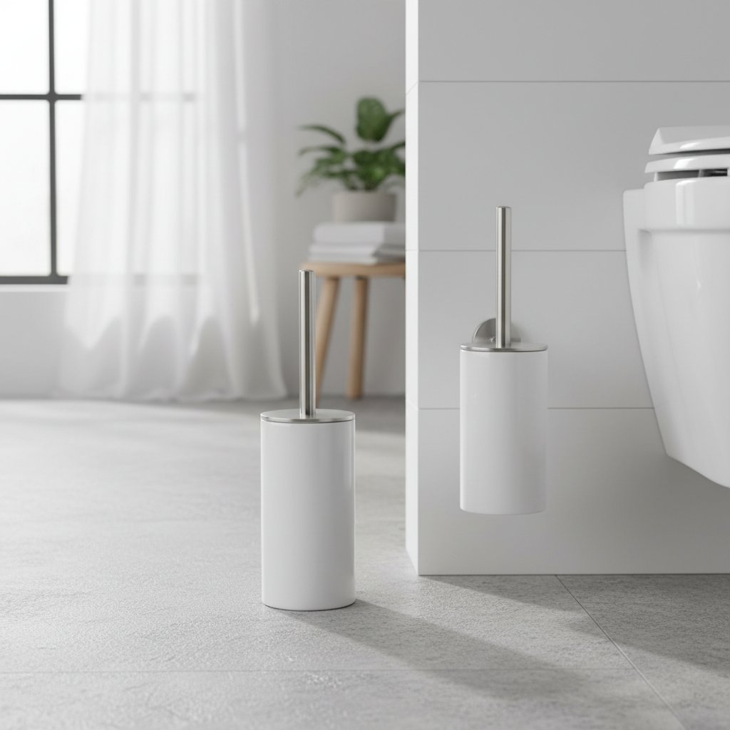 Vergelijking van een vrijstaande toiletborstelhouder naast het toilet en een wandgemonteerde borstelhouder aan de wand