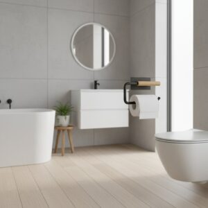 Verschillende types toiletrolhouders in RVS: wandmontage, zelfklevend en vrijstaand model