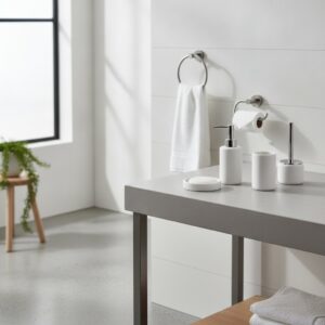 Overzicht van een complete badkameraccessoires set met toiletrolhouder, handdoekhaak, zeepdispenser en toiletborstelhouder in mat zwart