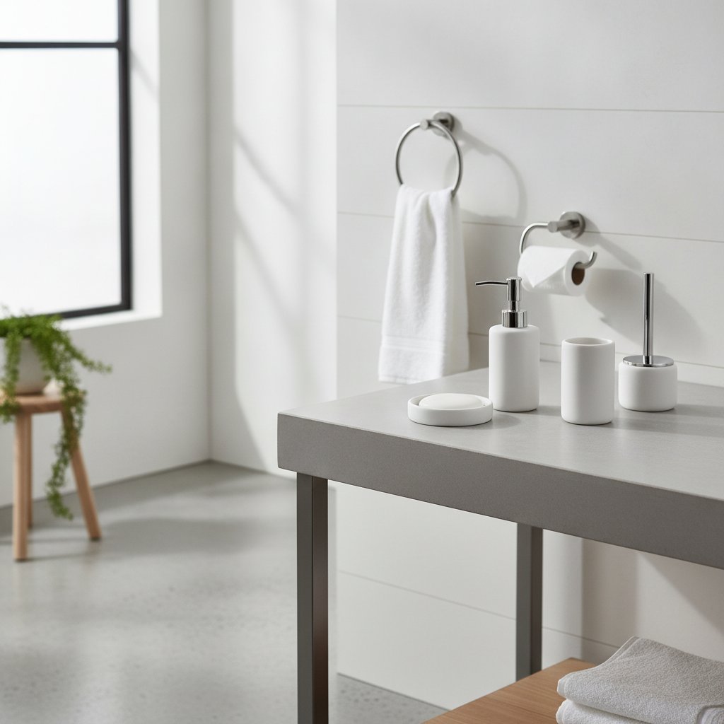 Overzicht van een complete badkameraccessoires set met toiletrolhouder, handdoekhaak, zeepdispenser en toiletborstelhouder in mat zwart