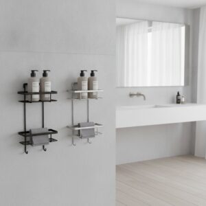 Vergelijking van een mat zwart doucherek naast een geborsteld stalen doucherek in moderne badkamer