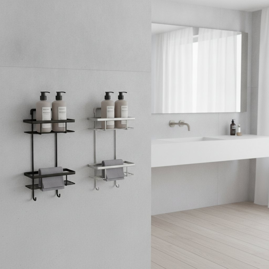 Vergelijking van een mat zwart doucherek naast een geborsteld stalen doucherek in moderne badkamer