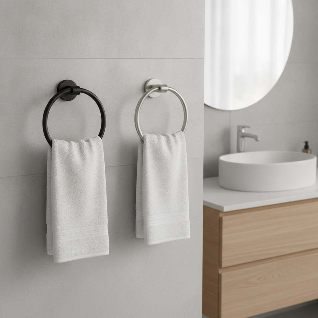 Vergelijking mat zwarte en geborsteld stalen handdoekringen in een moderne badkamer met RVS accessoires