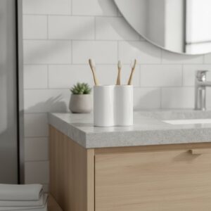 Schone tandenborstelhouder met tandenborstels en schoonmaakmiddelen zoals azijn en baking soda