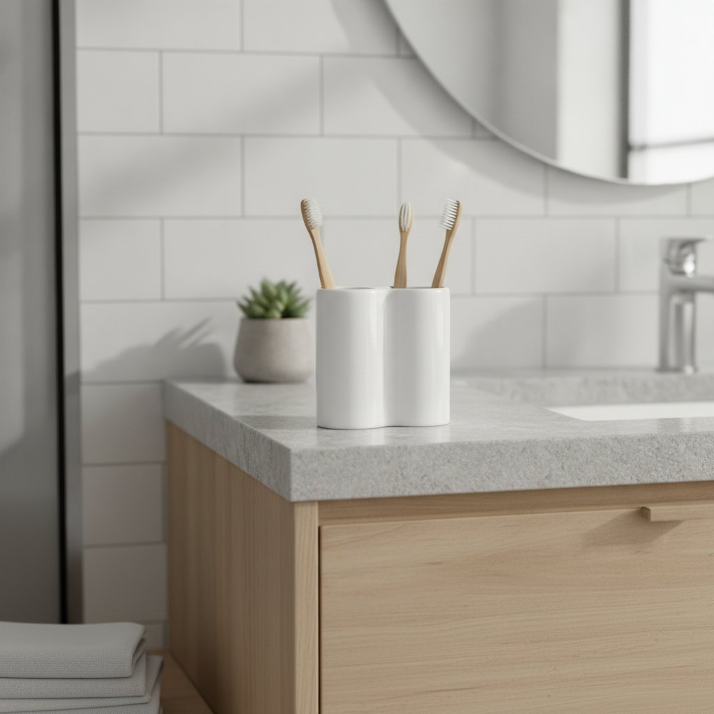 Schone tandenborstelhouder met tandenborstels en schoonmaakmiddelen zoals azijn en baking soda