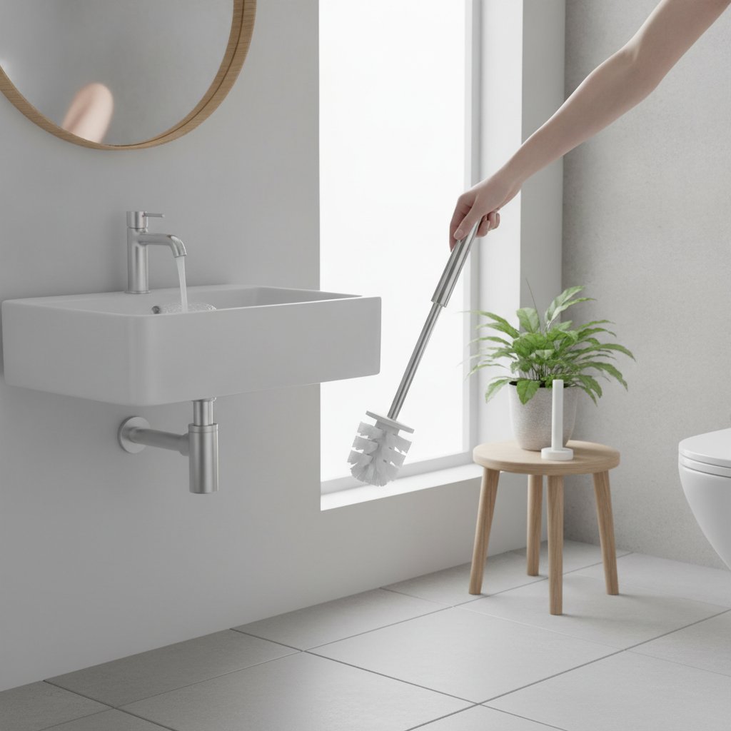 Schone toiletborstel in houder met heet water en desinfectiemiddel voor optimale hygiëne