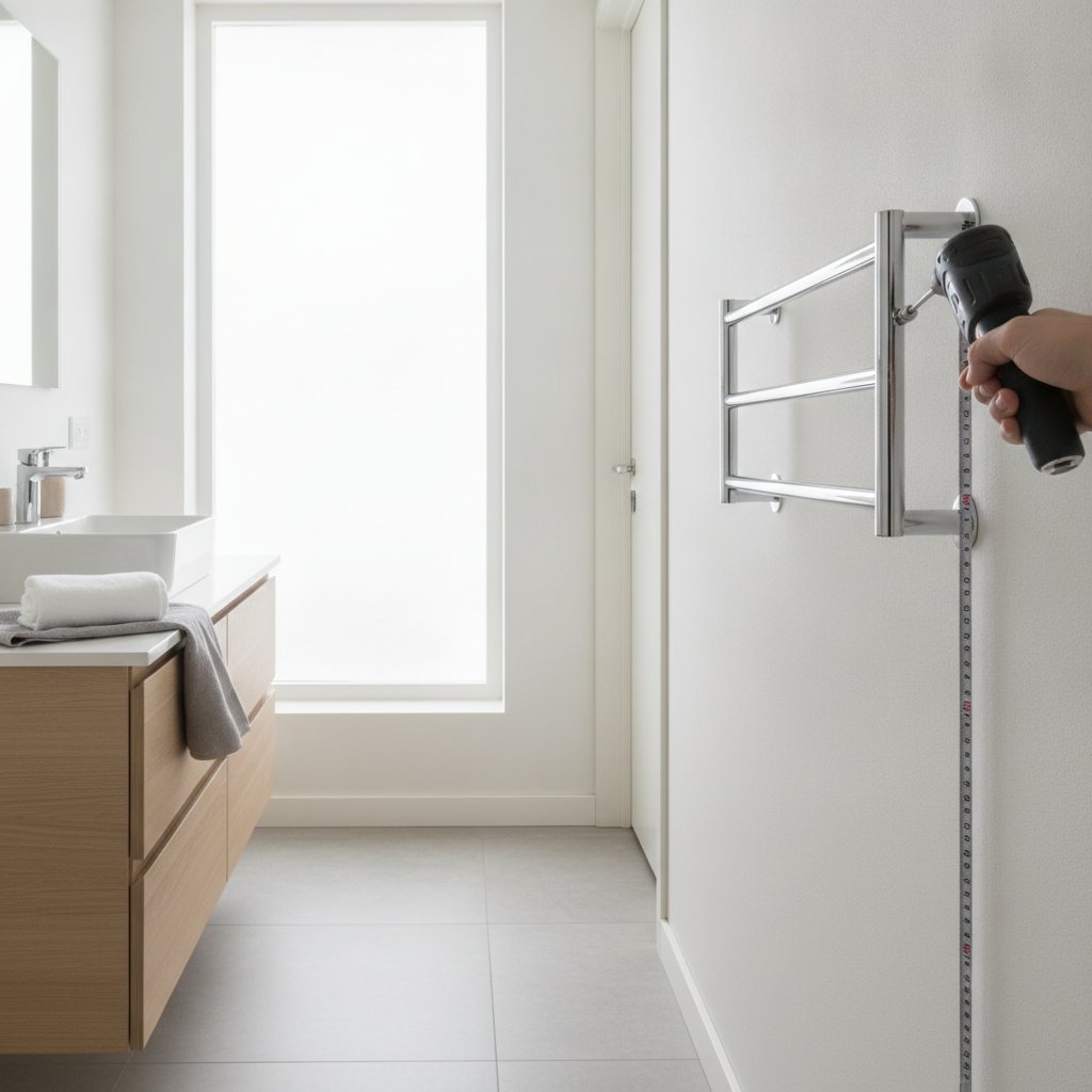 Handdoekrek gemonteerd in badkamer op ideale hoogte van 120-140 cm met waterpas gemonteerd
