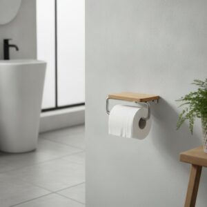 Zwarte mat RVS reserverolhouder voor 4 rollen wc-papier, hangend aan de wand naast toilet