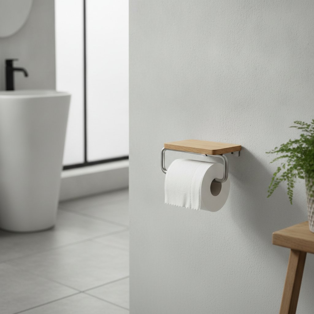 Zwarte mat RVS reserverolhouder voor 4 rollen wc-papier, hangend aan de wand naast toilet