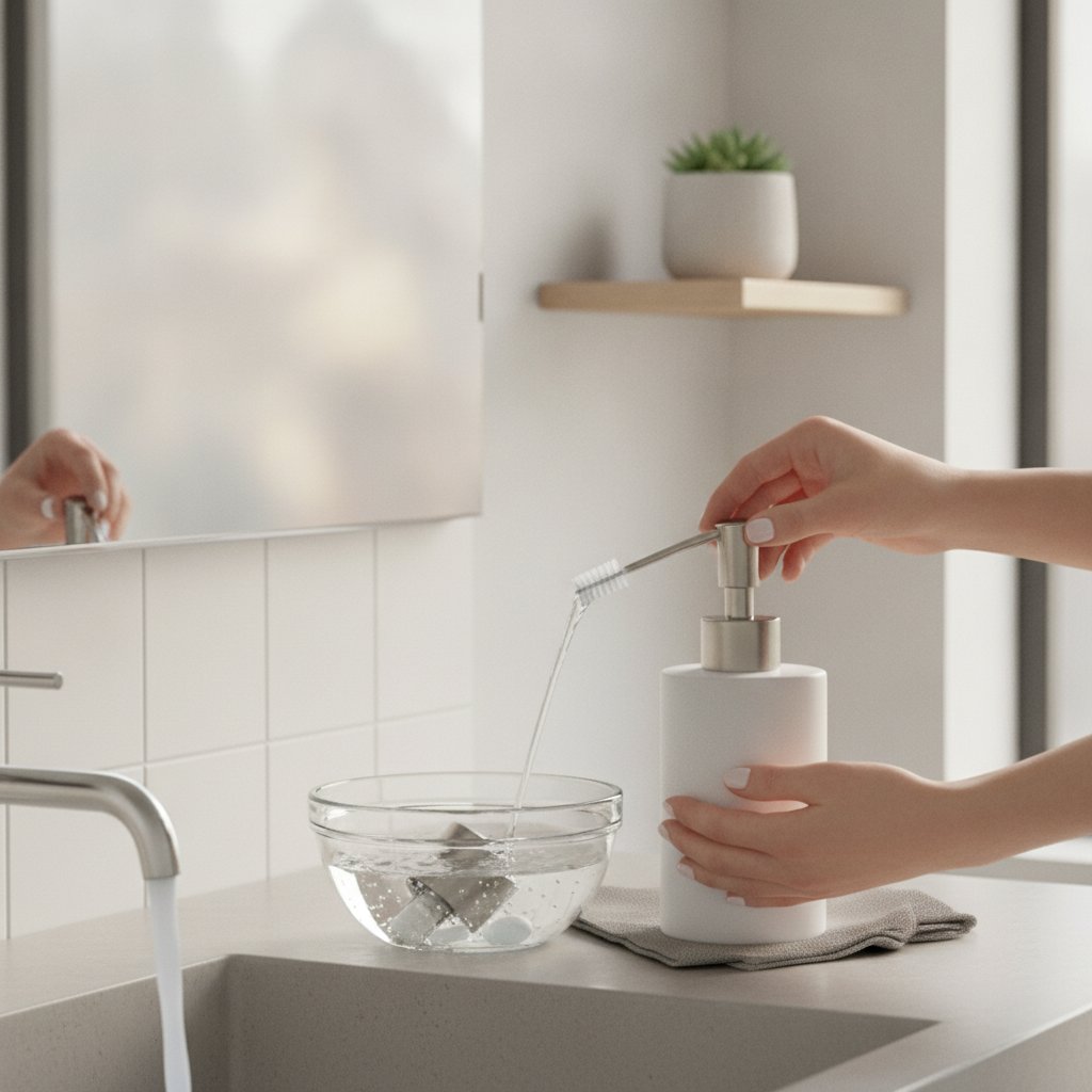 Demontage en schoonmaken van zeepdispenser pompkop met warm water en schoonmaakazijn