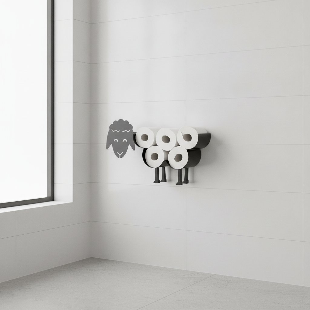 Mat zwarte schaap reserverolhouder van Sanics met antislip pootjes, vrijstaand model voor 4-8 toiletpapierrollen