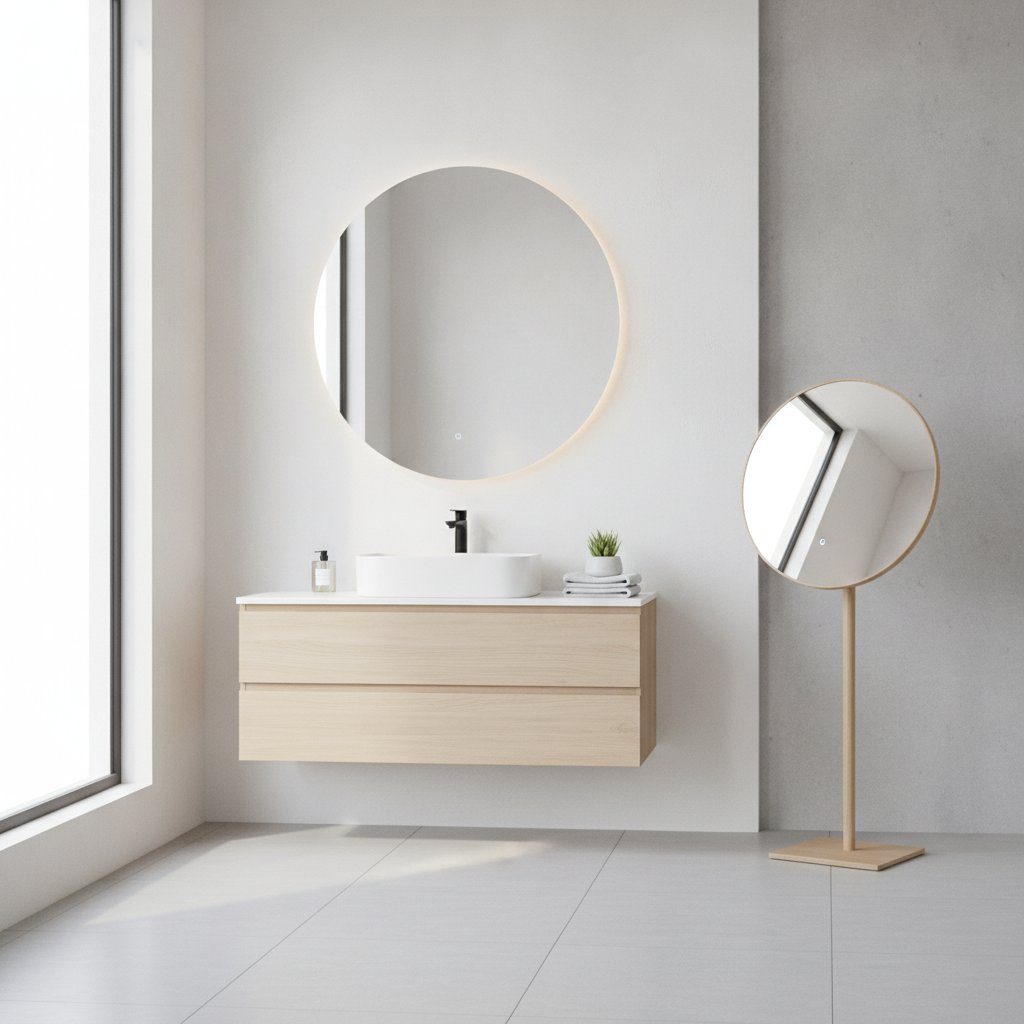 Vergelijking van een moderne spiegelkast met opbergruimte en een minimalistisch spiegelpaneel boven een badkamerwastafel