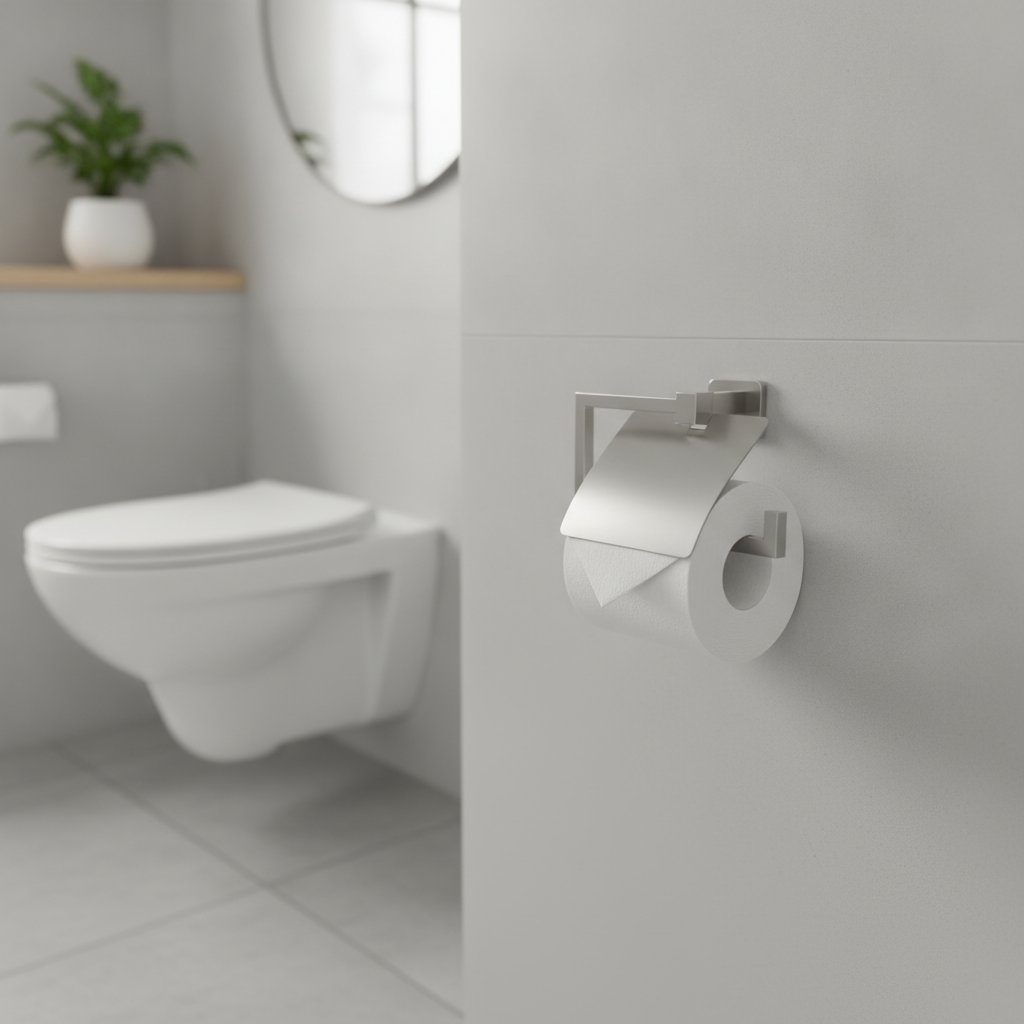 Zelfklevende toiletrolhouder op geglazuurde tegel met instructies voor correct aanbrengen